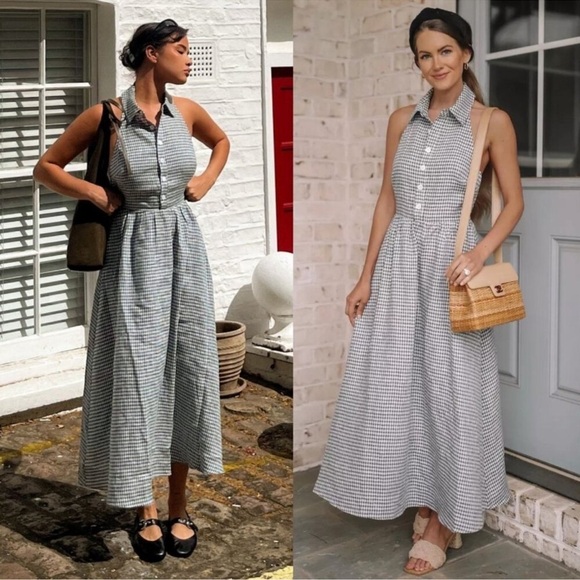 Reformation Dresses & Skirts - NEW Reformation Tace Halter Blue White Gingham Linen Midi Dress Slate Navy 12
